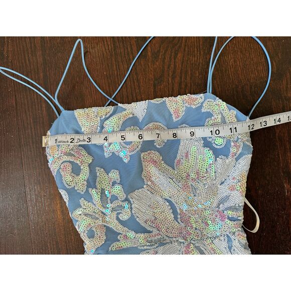 Vintage B. Darlin Blue White Open Back Sparkly Fairy Maxi Gown Size 0 - Picture 7 of 8